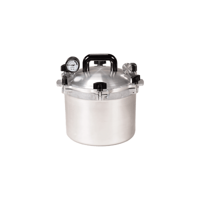 A 10.5-quart All-American pressure cooker model 910, with a metallic finish and a pressure gauge on the lid.