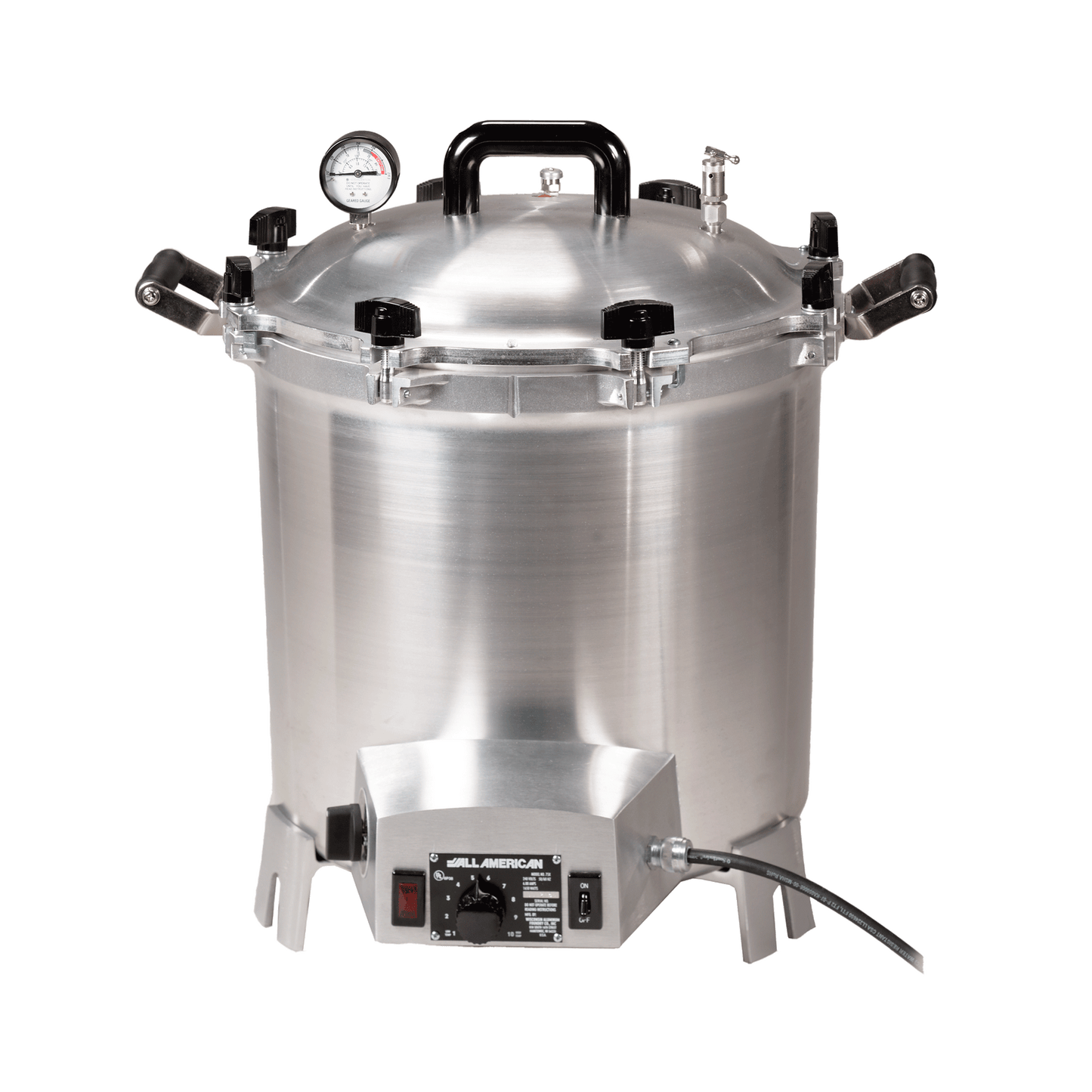 Medium 41-quart All American electric pressure sterilizer, model 75X, with a frontal control panel, electrical cord, pressure gauge, and shiny aluminum body