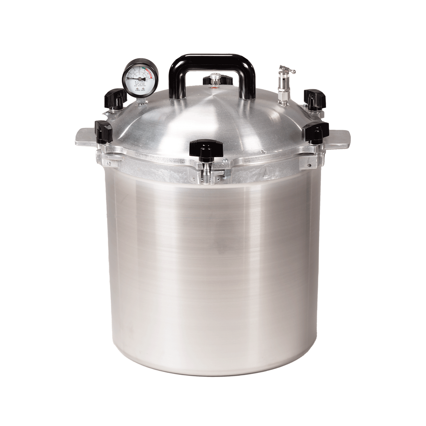 Medium 25-quart All American non-electric pressure sterilizer, model 1925X, featuring a shiny metal construction, pressure gauge, and secure locking mechanism