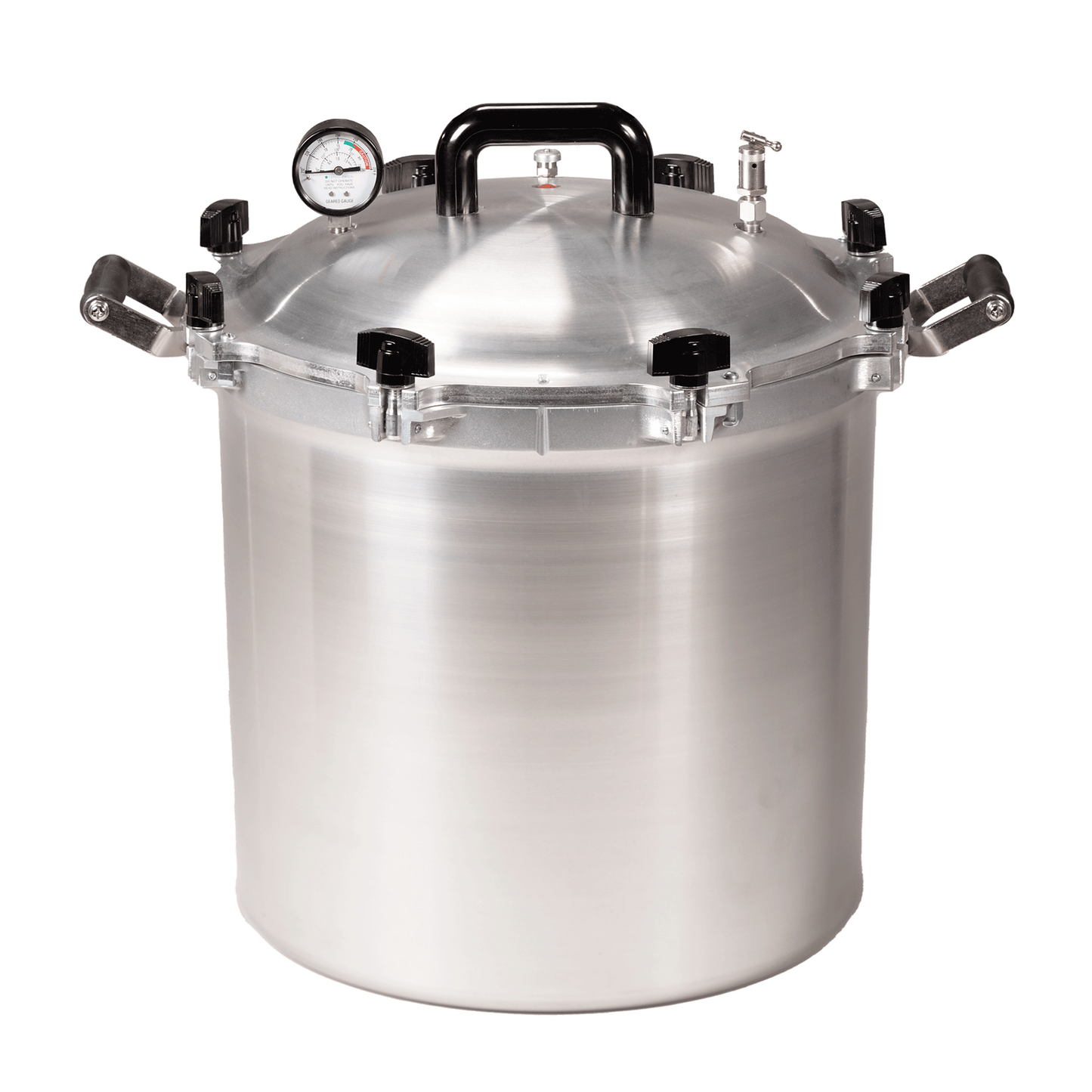 Large 41-quart All American non-electric pressure sterilizer, model 1941X, with sturdy metal handles, a prominent pressure gauge, and robust clamping bolts,