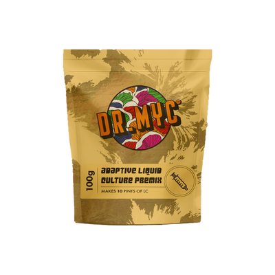 A Small square golden bag of DR MYC Liquid Culture pre mix in dry form for mushrooms.
