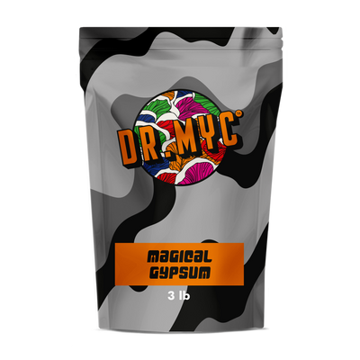 A rectangular black bag containing Dr Myc Magical Gypsum for Mushrooms