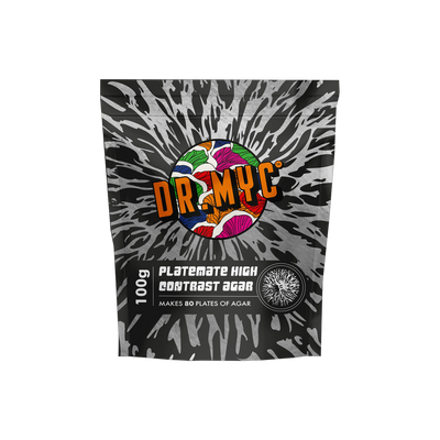 A Small square black bag of agar mix from DR MYC, Platemate Agar - for use with mushrooms. and in mycology