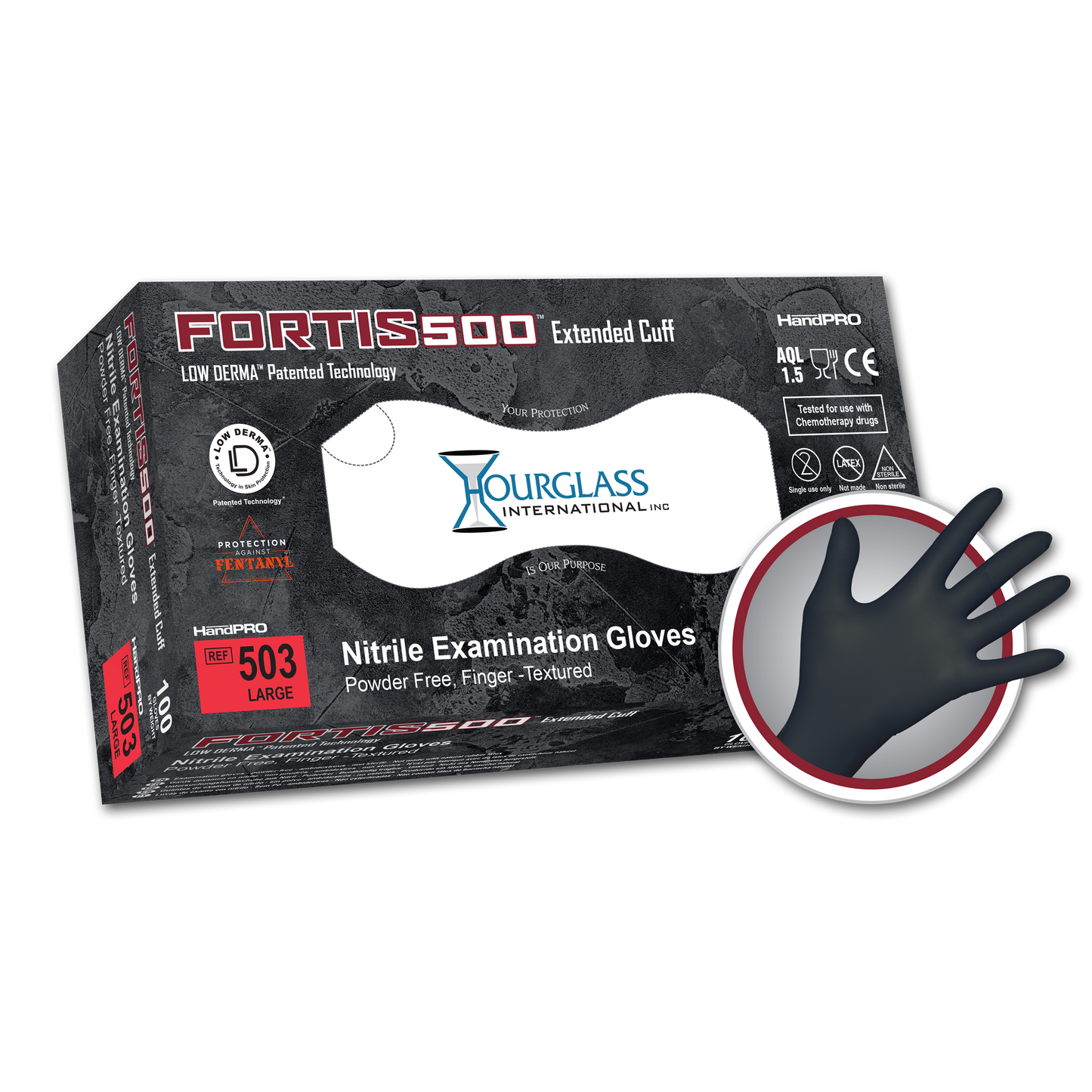 A black box of Large sized Fortis500 Extended cuff Black Nitrile Gloves