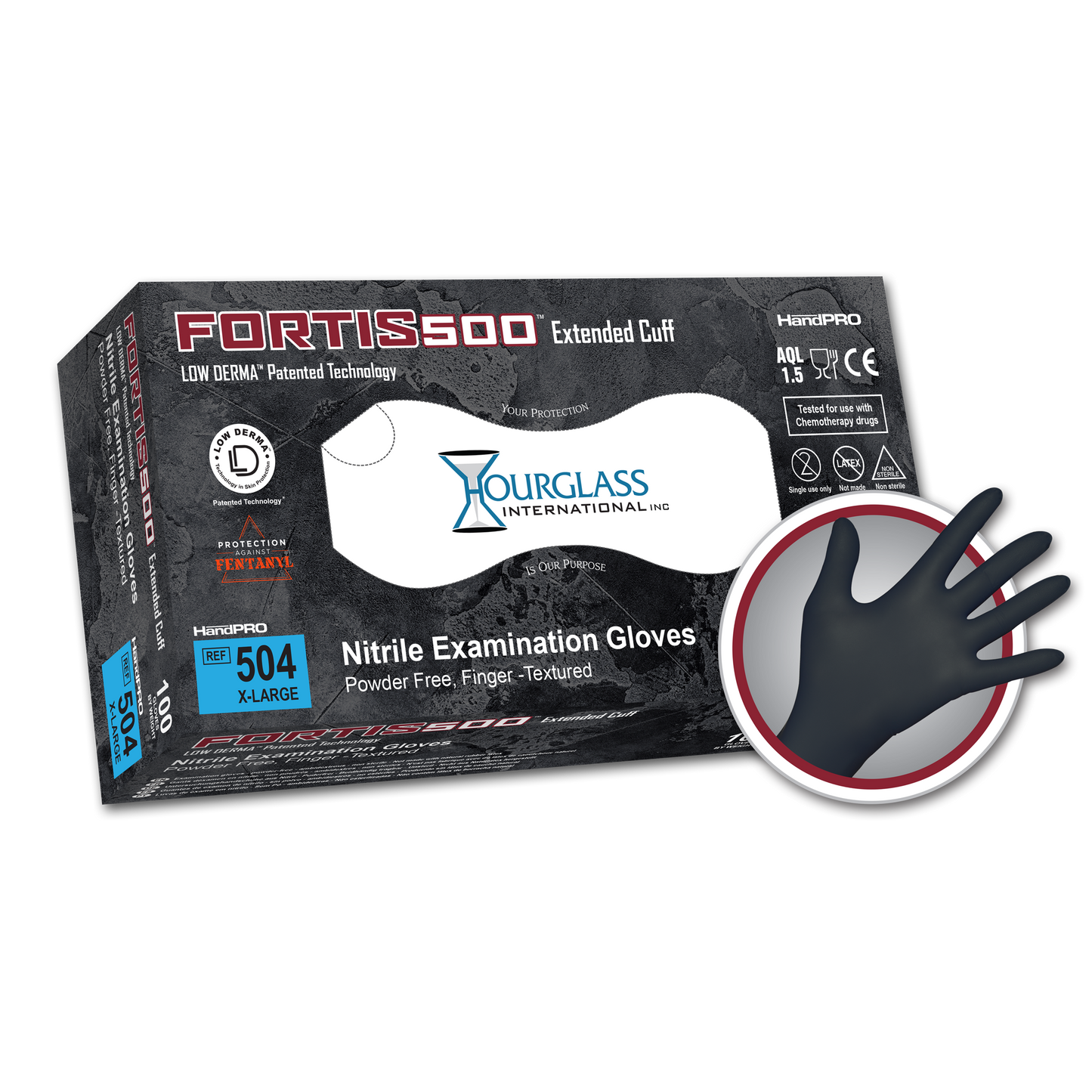 A black box of X-Large sized Fortis500 Extended cuff Black Nitrile Gloves