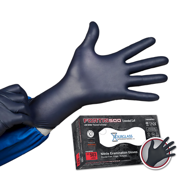 A person putting on black nitrile gloves with an extended cuff in PPE. Small image of box of gloves in background.