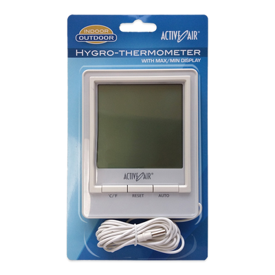 Active Air indoor-outdoor hygro-thermometer with max/min display packaging, transparent background