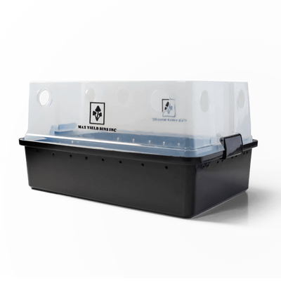 Perspective view of a Max Yield V1 Monotub against a dark background, highlighting the clear plastic lid's fit on the black plastic base with air vents.