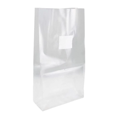 A clear, autoclavable plastic bag with a square white filter patch at the top designed for growing mushrooms.