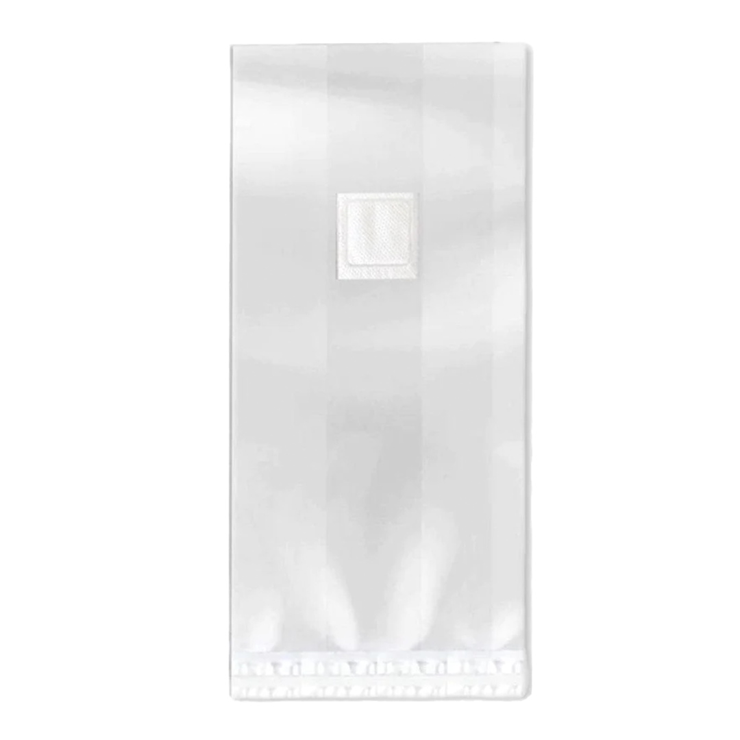 A standing, clear, autoclavable plastic bag with a square white .5 micron filter patch at the top designed for growing mushrooms.