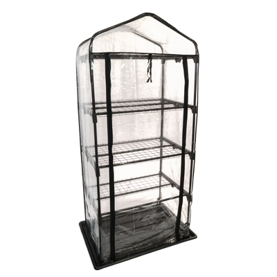 Angled view of a small transparent grow tent with multiple tiers, suitable for growing a variety of plants or fungi in a controlled environment.