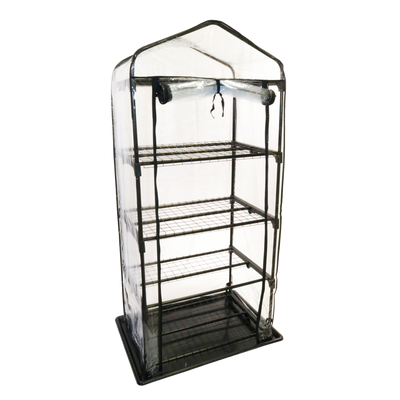 A small, transparent grow tent with a metal frame and shelves, designed for indoor plant cultivation and mycology.