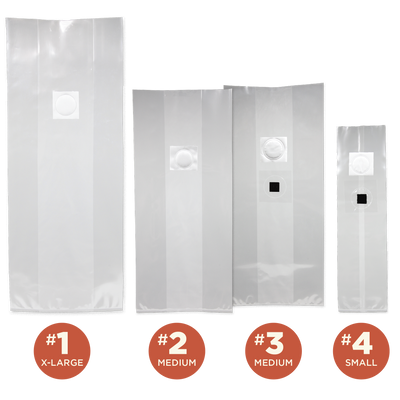 A lineup of 4 sizes of clear mushroom grow bag with filters and injection ports, with small orange circles indicating the sizes and numbers.