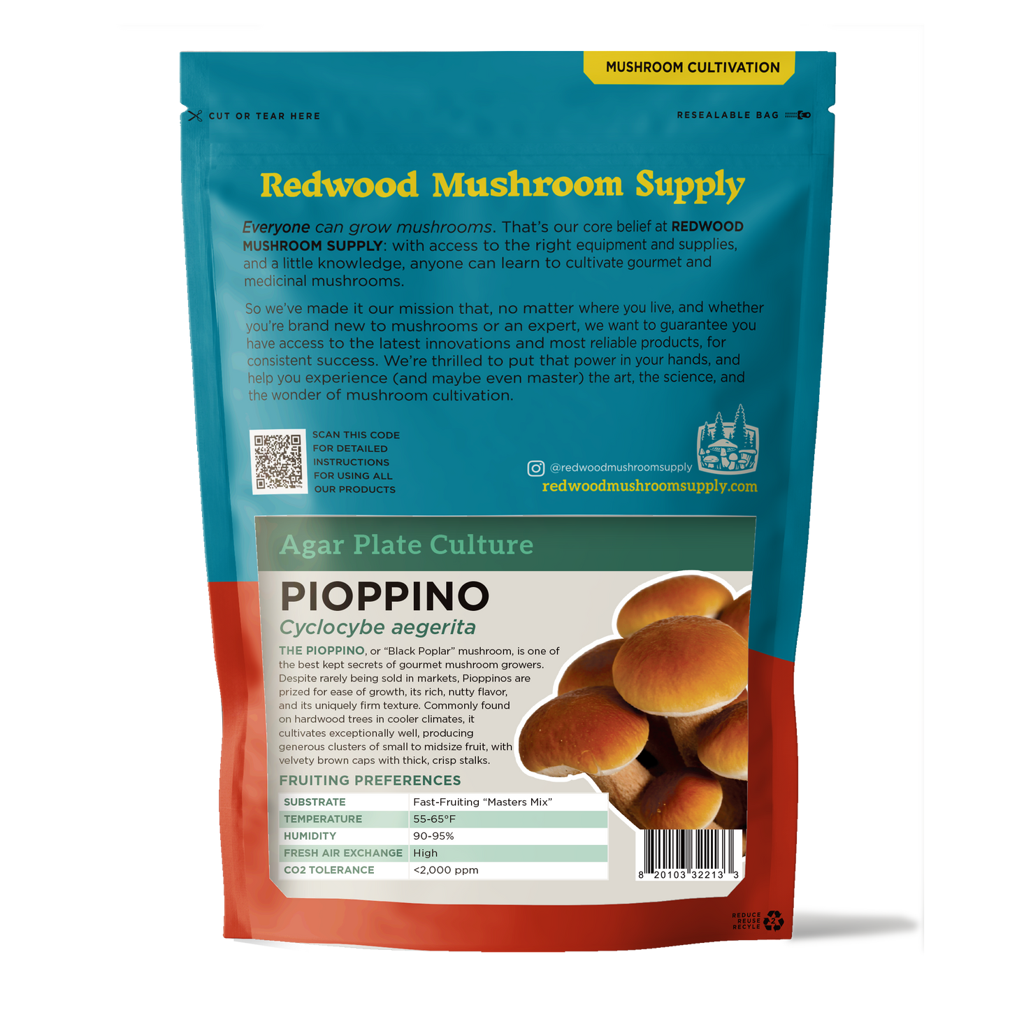 The reverse of the retail packaging for the pioppino plate culture from redwood mushroom supply. It has a mission statement, qr code, and specific fruiting parameters listed on a card on the rear.