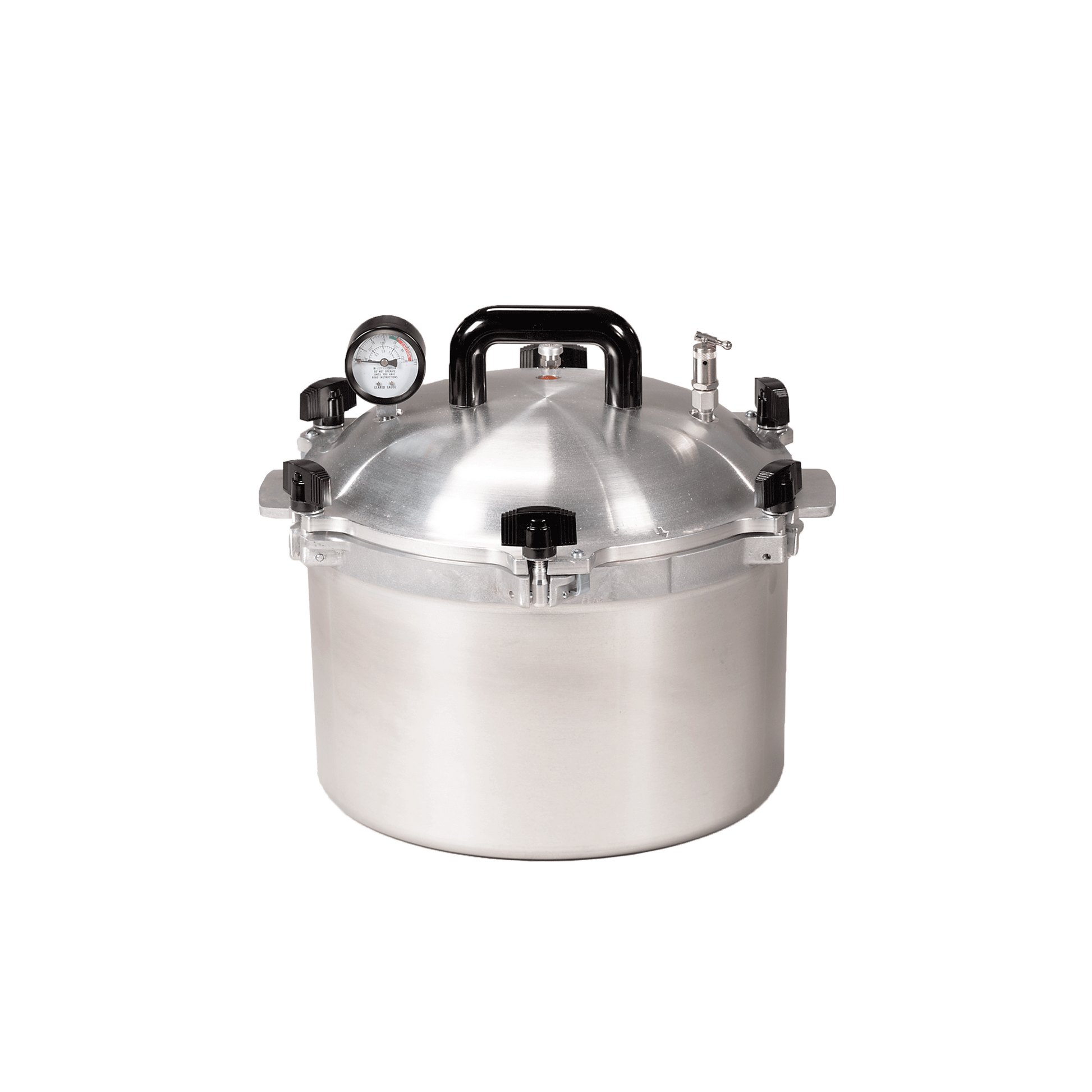 Small 15-quart All American non-electric pressure sterilizer, model 1915X, with a polished aluminum exterior, pressure gauge on top, and metal clamps