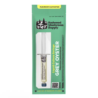 Product packaging for Blue Oyster Liquid Culture by Redwood Mushroom Supply featuring front view with clear window display of liquid culture syringe