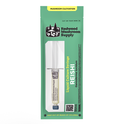 Front view of Reishi Liquid Culture packaging from Redwood Mushroom Supply, featuring a clear display window for easy viewing of the liquid culture syringe